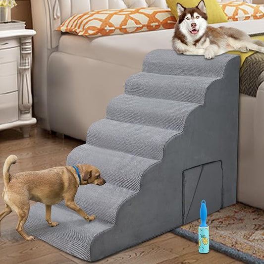 30-36 inches High Dog Stairs & Steps for Highs Beds Large Dogs, LitaiL 33 inches Foam 7 Tier Pet Steps Stairs for High Beds, Non-Slip Dog Pet Ramps for Small Older Dogs/Cats Injured