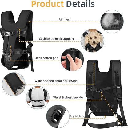 Dog Front Carrier Backpack, Dog Backpack Carrier Soft Pad, Pet Legs Out, Easy-Fit Dog Front Carrier for Small Medium Puppy, Hands Free Dog Carrier Adjustable for Cycling Hiking (Black, S)