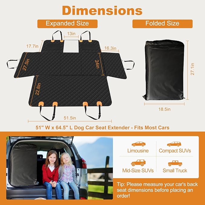 Back Seat Extender for Dogs with Removable Load Bearing Plates Supports 350 lbs