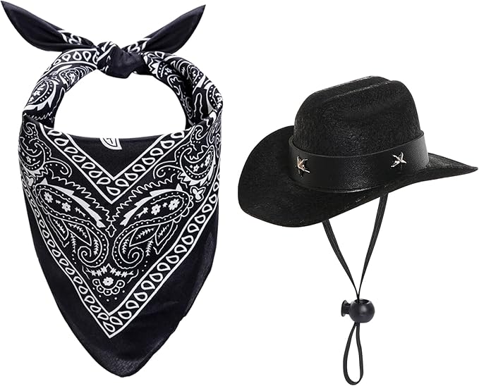 Dog Cowboy Hat with Star Decoration Dog Cowboy Costume for Small Pet Dogs Cat Cowboy Hat with Bandana Scarf Set Party Accessories (Black, Small)