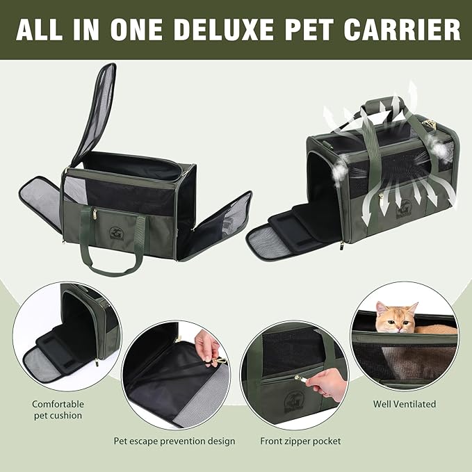 Luxury Pet Carrier for Dogs, Cats, Puppies - Airline TSA Approved, Durable Anti-Scratch Fabric, Soft-Sided, Consistent Airflow, Foldable Design, Cushion Pad, Travel (Olive Green, Large)