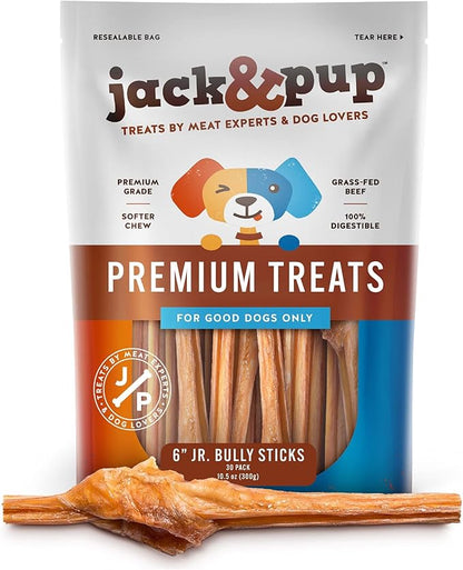 Jack&Pup Bully Sticks for Small Dogs - 6 Inch Junior Bully Stick Dog Chew (30 Pack) 6” Long Premium Grade All Natural Gourmet Puppy Treat Chews - Great for Teething Puppies (30 Pack)