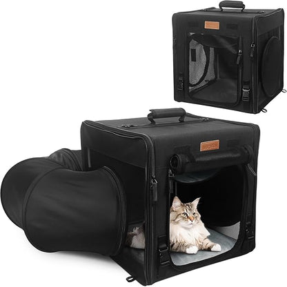 PETUX Cat Travel Carrier with Little Box, Various DIY Methods Large Cat Carrier, Cat Carrier Soft with Tunnel Tube-with Flannel Mat, Hammock, Protable Tote (Black)