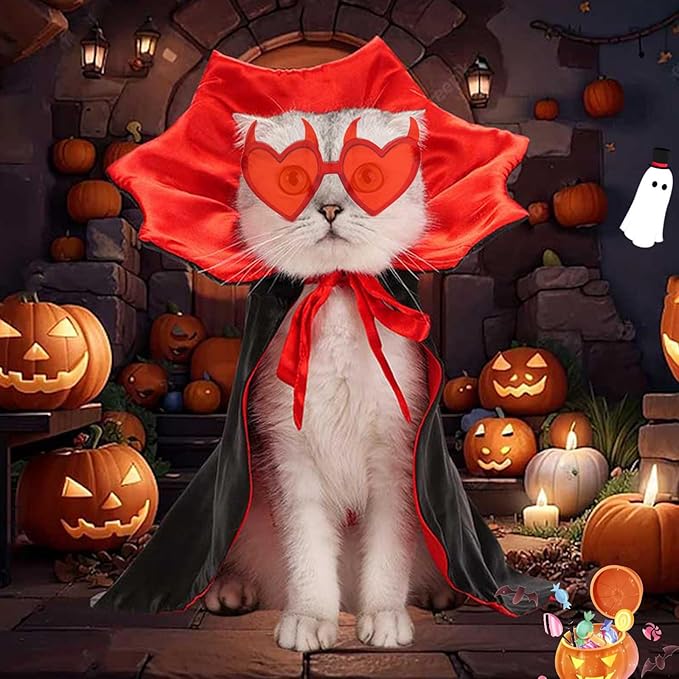 Dog Vampire Cloak Costume Halloween Pet Cloak Cat Cape Devil Horns Sunglasses 2PCS Novelty Halloween Costumes Demon Outfits for Small Medium Dog Cat Witch Cloak Clothes Funny Wizard Mantle Apparel