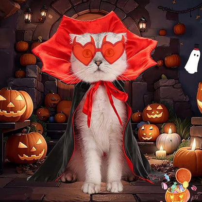 Dog Vampire Cloak Costume Halloween Pet Cloak Cat Cape Devil Horns Sunglasses 2PCS Novelty Halloween Costumes Demon Outfits for Small Medium Dog Cat Witch Cloak Clothes Funny Wizard Mantle Apparel