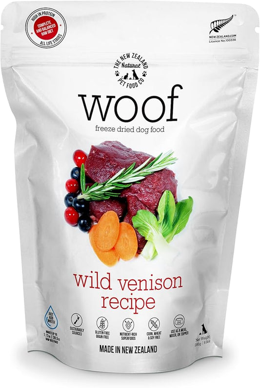 WOOF Wild Venison Freeze Dried Raw Dog Food, Mixer, or Topper, or Treat - High Protein, Natural, Limited Ingredient Recipe 9.9oz