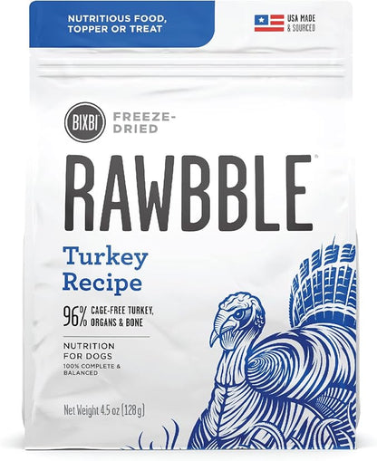 BIXBI Rawbble Freeze Dried Dog Food, Turkey Recipe, 4.5 oz - 96% Meat and Organs, No Fillers - Pantry-Friendly Raw Dog Food for Meal, Treat or Food Topper - USA Made in Small Batches