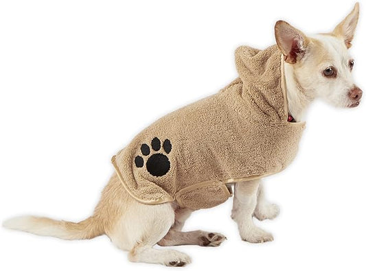 Bone Dry Pet Robe Collection, Embroidered Absorbent Microfiber Bath Robe with Adjustable Closure, for Dogs & Cats, X-Small, Taupe