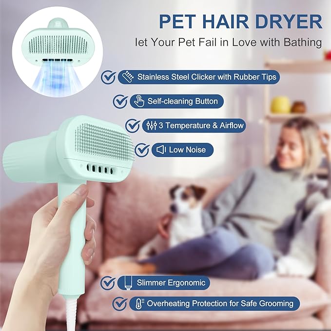 Low Noise Pet Blow Dryer with Slicker Brush - Adjustable Temperature, Overheating Protection for Grooming (Light Blue)