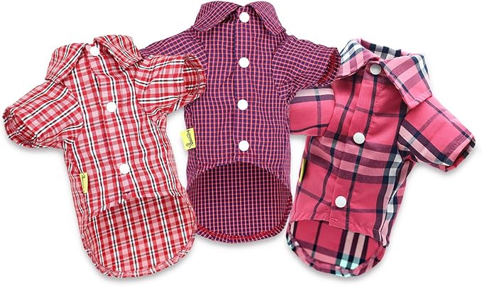 DroolingDog 3 Pack Plaid Dog Tee Shirt Puppy Button Up Shirts Polo T Shirts Small Dogs Clothes Breathable Summer T-Shirt