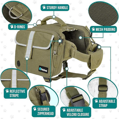 PetAmi Dog Backpack for Medium Large Dogs, Dog Saddle Bag For Dogs to Wear, Tactical Harness Saddlebag with Reflective Safety Side Pockets Hiking Camping, Vest Dog Pack for Travel (Olive Green, Large)