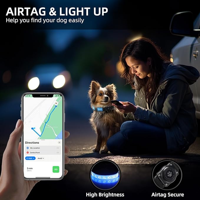 LED AirTag Dog Collar IP67 Waterproof 1,600 Feet