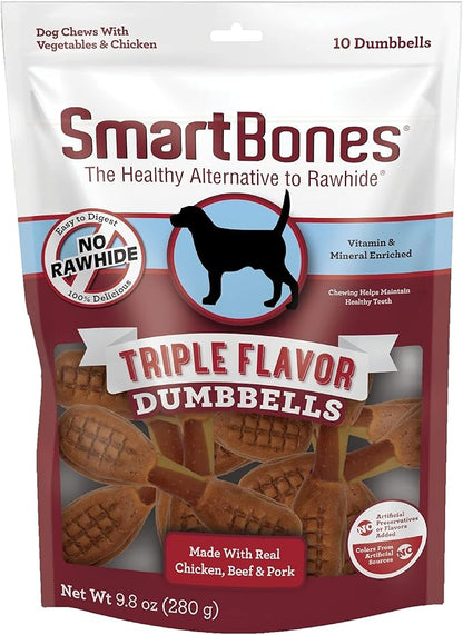 SmartBones Triple Flavor Dumbbells, 10 Count, Rawhide-Free Chews for Dogs, Made with Real Chicken, Beef and Pork