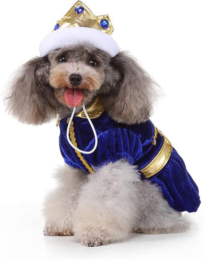 Yoption Dog Cat Prince Costumes with Crown Hat, Pet Halloween Christmas Velvet Cosplay Dress Funny Outfits Clothes for Puppy Dogs Cat (L)