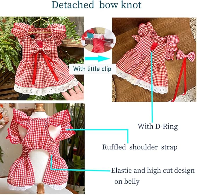 ANIAC Plaid Dog Dress with Leash Ring Girl Dog Clothes for Small Dog Bow Decor Red Cat Dress for Cat only Holiday Puppy Clothes for Chihuahua Yorkie Dachshund Pomeranian (Large