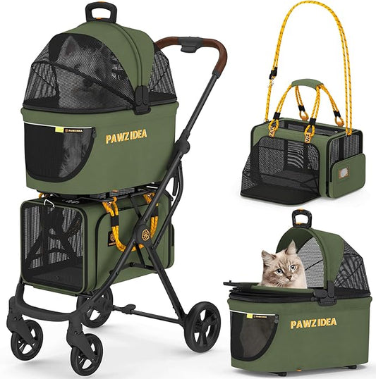 PAWZIDEA Double Pet Stroller for 2 Cats Dogs Small & Medium, TSA Airline Approved Cat Carrier Expandable, Cat Stroller with Removable Carrier Bag, 2 Dog Stroller Detachable Carrier, Travel Car Seat