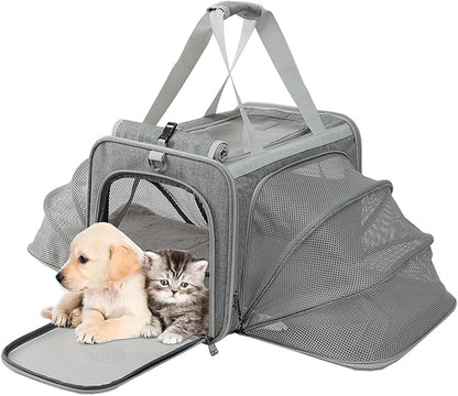 Puppy Carrier Cat Bag Expandable Bunny Small Animal Traveling Outdoor Carry Kennel (Grey,2Sides Expandable)