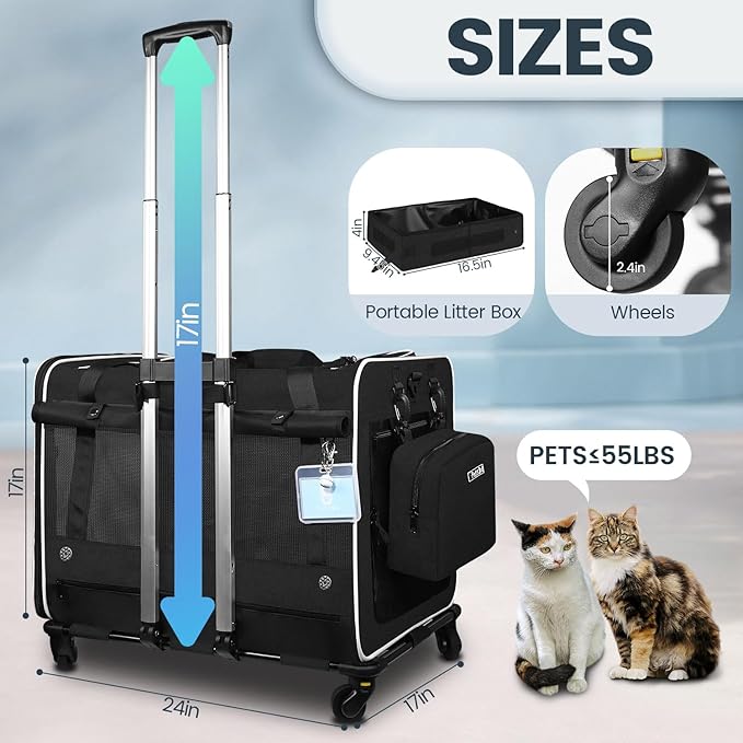 Petskd Extra Large Cat Carrier with Wheels and Litter Box, 24"x17"x17" Rolling Soft Carrier Until 55LBS Pets with 5 Breathable Mesh Windows and Locking Zippers for Long Distance Car Travel(Black)