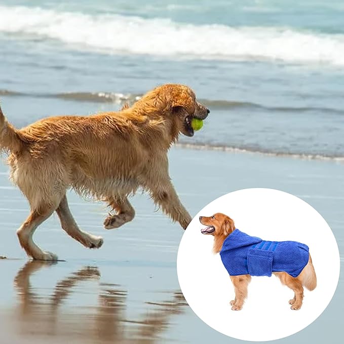 Geyecete Dog Drying Coat with Hood for After Bath Bathrobe Towel Dog Drying Coat for Wet Walking in Rain/Snow-Dry Fast Dog Bag-Pineapple Grid Fast Drying-Blue-S