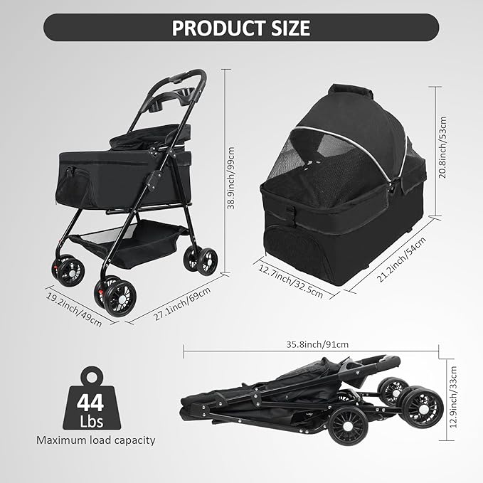Pet Stroller for Cats/Dogs 4 Wheels 30lbs Small