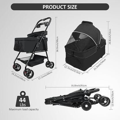 Pet Stroller for Cats/Dogs 4 Wheels 30lbs Small