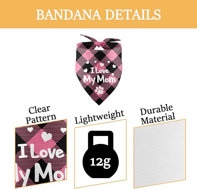 I Love My Mom Mothers Day Dog Bandana Mom Birthday Puppy Bandana Funny Dog Bandana Pink Plaid Dog Bandana Pet Accessories for Dog Lover Dog Mama