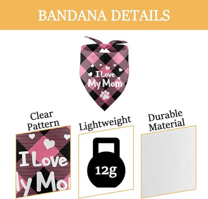 I Love My Mom Mothers Day Dog Bandana Mom Birthday Puppy Bandana Funny Dog Bandana Pink Plaid Dog Bandana Pet Accessories for Dog Lover Dog Mama