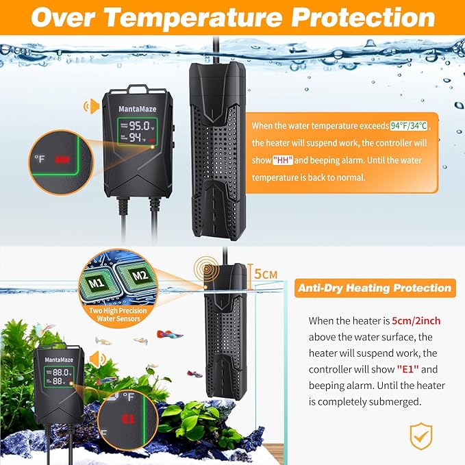 Aquarium Heater 300W/500W/800W/1000W for 20-300 Gal, Fish Tank Heater with Intelligent Leaving Water Automatica Stop Heating and Overheating Protection, for Freshwater & Saltwater