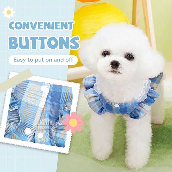 Plaid Dog Dress for Small Dogs Cats Bowknot Girl Dog Clothes with D-Ring Cute Princess Pet Puppy Dresses Spring Summer Pet Outfits for Chihuahua Yorkies Shih Tzu（Blue