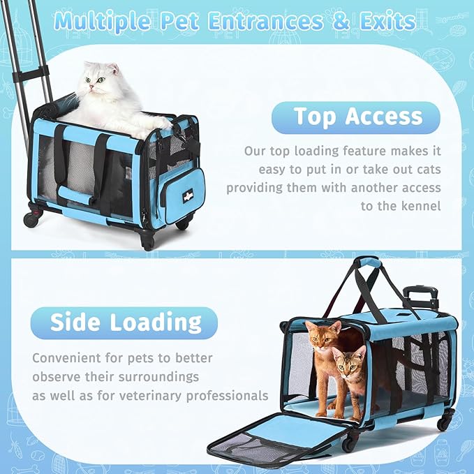 Large Cat Carrier with Wheels, Foldable Rolling Cat Carrier for 2 Cats with Wheels for Cat Dog Under 30 lbs, Cat Carrier Travel Bag with Large Pocket for Outdoor, Blue