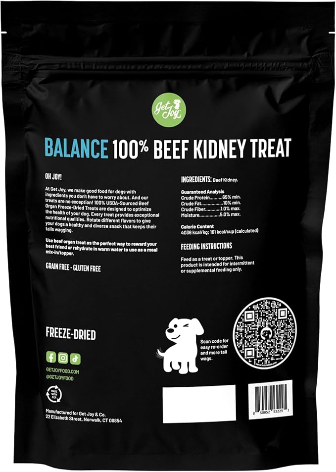 Get Joy Freeze Dried Superfood 100% Beef Kidney Dog Treats, 16 Ounce Bag, Single Ingredient Organ Meat, High Protein, Immune Health, Muscle Repair, Grain Free, Gluten Free, Made in USA