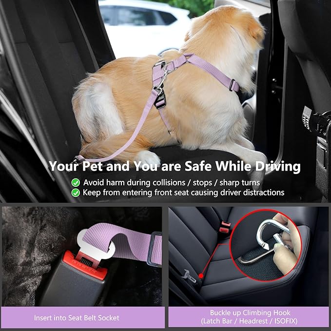 Dog Vehicle Safety Vest Harness, Adjustable Soft Padded Mesh Car Seat Belt Leash Harness with Travel Strap and Carabiner for Most Cars, XXL Size, Purple Flower