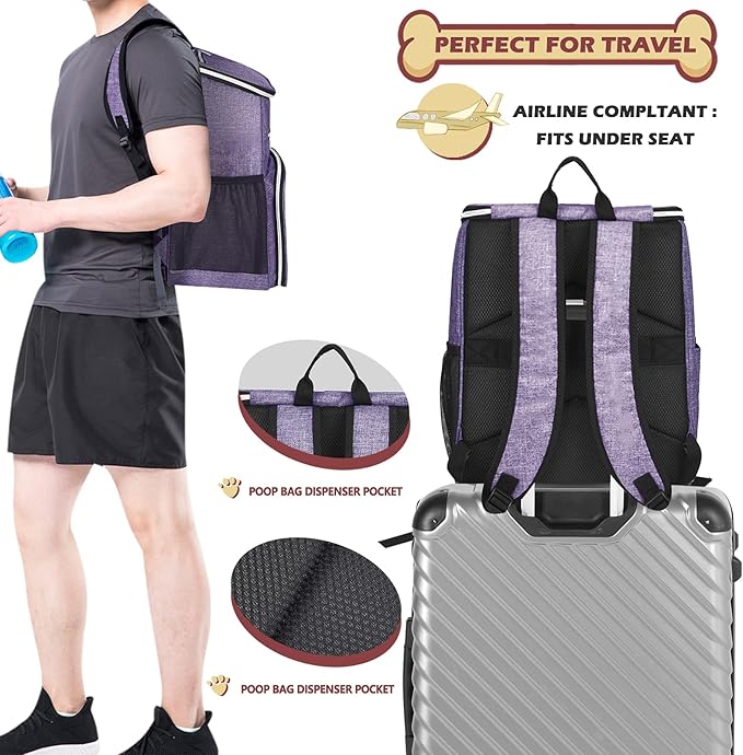 BAGLHER丨Dog Travel Bag Backpack, Airline Approved Pet Supplies Backpack, Dog Travel Backpack with 2 Silicone Collapsible Bowls and 2 Food Baskets Purple