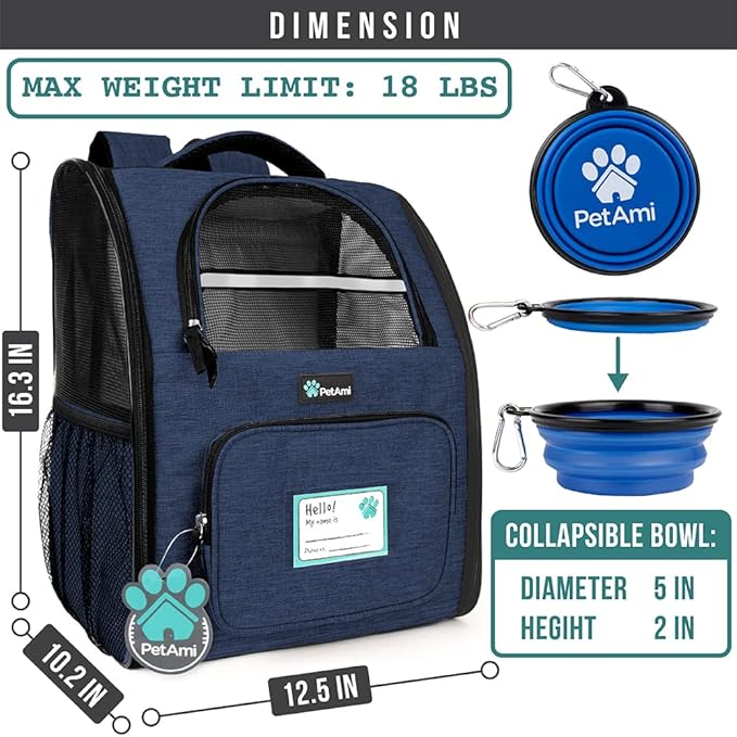 PetAmi Dog Backpack Carrier for Small Large Cat, Pet, Puppy, Ventilated Pet Hiking Backpack Travel Bag, Airline Approved Cat Backpack Carrier, Camping Biking Dog Bag Up to 18lbs Pet, Navy