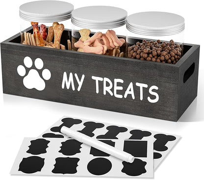 Dog Treat Jar for Countertop - Dog Treat Container with 3 Jars - Pet Food Organizer For Puppy - Airtight Grey Wooden Dog Treat Storage With Lids - Great Gift for Pet Dog Owners