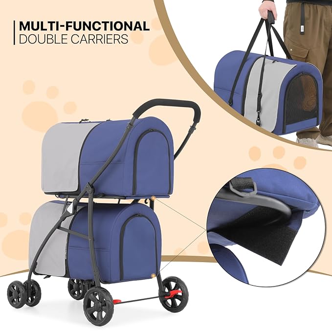 MoNiBloom Double Dog Stroller with Detachable Carrier Bags Large 4 Wheels Foldable Jogger for Small and Medium Dog Cats, Navy Blue/Gray