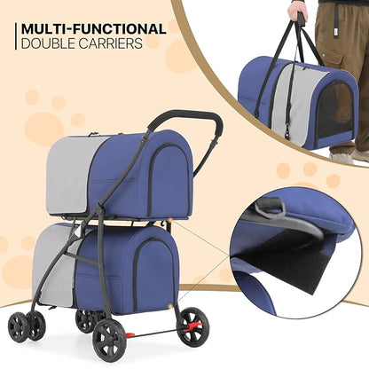 MoNiBloom Double Dog Stroller with Detachable Carrier Bags Large 4 Wheels Foldable Jogger for Small and Medium Dog Cats, Navy Blue/Gray