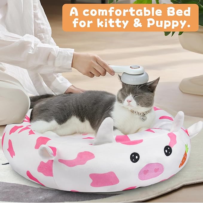 26" Strawberry Cow Pet Bed, Calming Dog & Cat Plush Bed, Fulffy Comfy Padded Cat Mat Plush Pet Bed, Non-Slip Bottom, Soft Washable Sleeping Dog Cot for Medium Small Dogs Cat Puppy Kitty