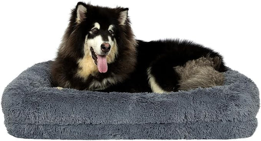 2 in 1 Calming Dog Beds for X-Large Dogs, Dual Layer Orthopedic Egg Crate Foam & Memory Foam Faux Fur Shag Pet Mattress Warming Rectangle Cuddle Bed Comfy Anti Anxiety, Washable Cover Anti-Slip