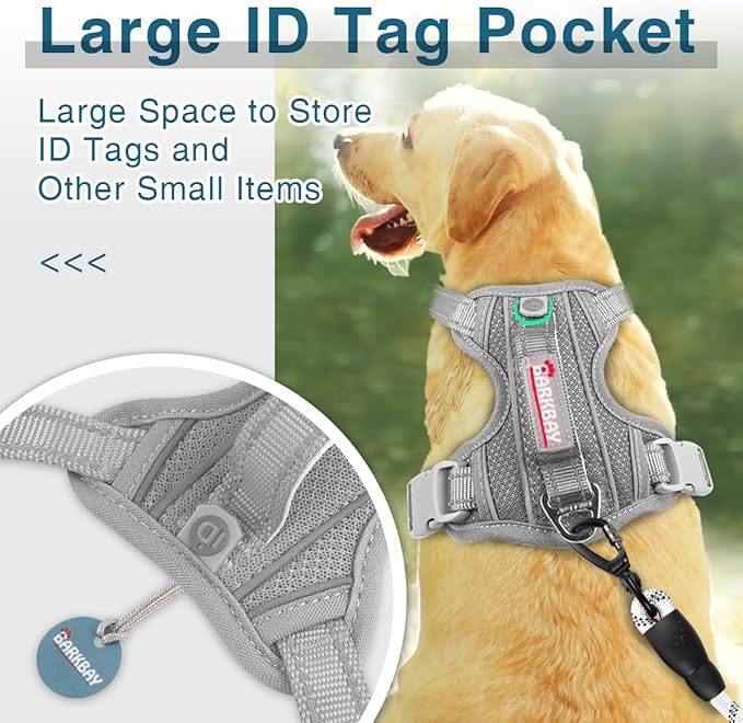 BARKBAY Dog Harness No Pull with ID Tag Pocket - Heavy Duty, Reflective, Easy Control for Large Dogs (Grey,XL)