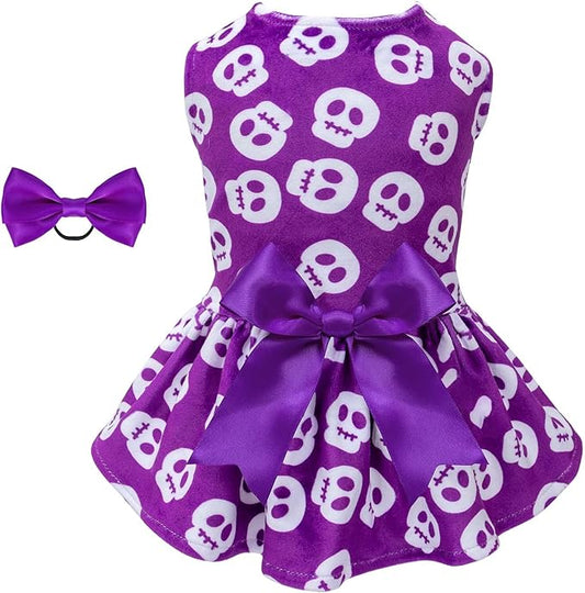 CuteBone Dog Dresses Velvet Holiday Small Dogs Clothes Onesie Pet Apparel Girl Puppy Skirt with Bow Hair Rope CVA35M