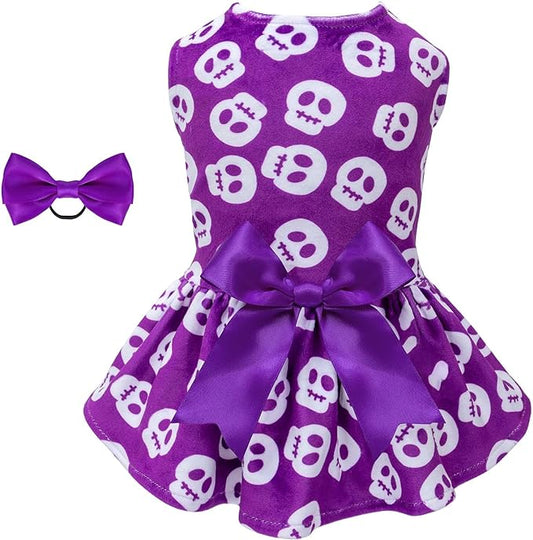 CuteBone Dog Dresses Velvet Holiday Small Dogs Clothes Onesie Pet Apparel Girl Puppy Skirt with Bow Hair Rope CVA35L
