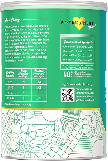 Fido's Mobility Bone Broth for Dogs - Grass-Fed Beef Bone Broth Powder & Organic Herbs - Joint Supplement for Dogs - Dog Food Topper for Dry Food - 60 Scoops