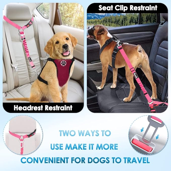 Lukovee Dog Car Seat Belt, 2 Pack Headrest Restraint Seatbelt, Adjustable Pet Safety Leads with Reflective Elastic Bungee for Dog Harness Collar Travel Daily Use (Fluorescent Pink,Headrest + Clip)