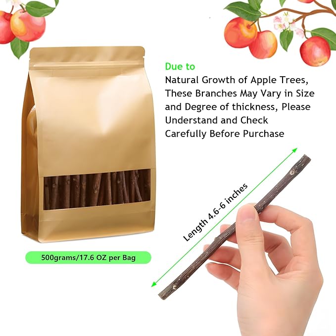 500g Organic Apple Sticks 17.6 Oz Small Animals Molar Wood Treats Toys for Chinchillas Guinea Pig Rabbits Hamster Gerbil Parrot Bunny Chew Stick Toys