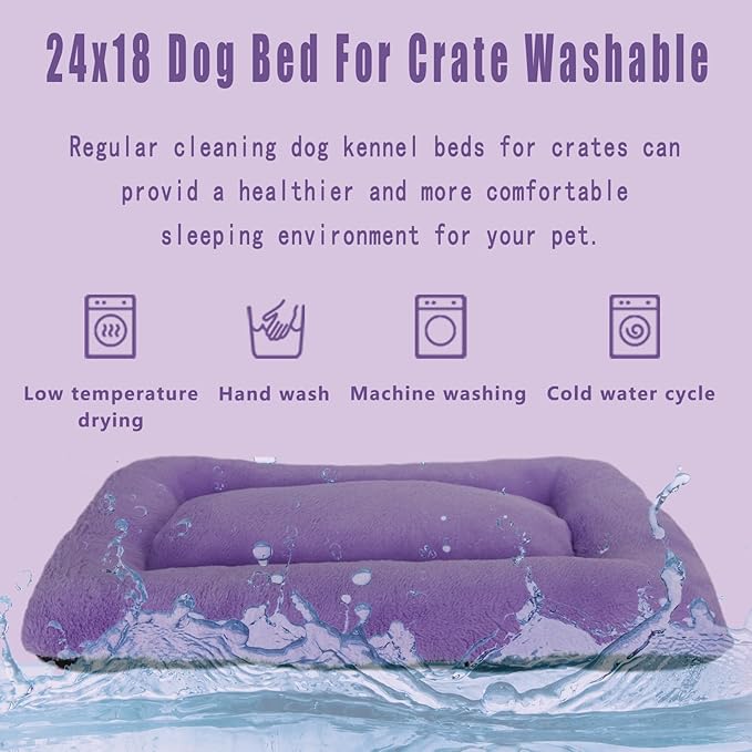 18x24 Dog Crate Bed Washable,Dog Crate Bed 24x18 Purple Fluffy Plush Calming Anti Anxiety Pet Bed for 25lb Dog,Small Dog Bed for Crate 24 Inch Luxury Faux Fur Soft Cozy Sleep with Anti-Slip Bottom