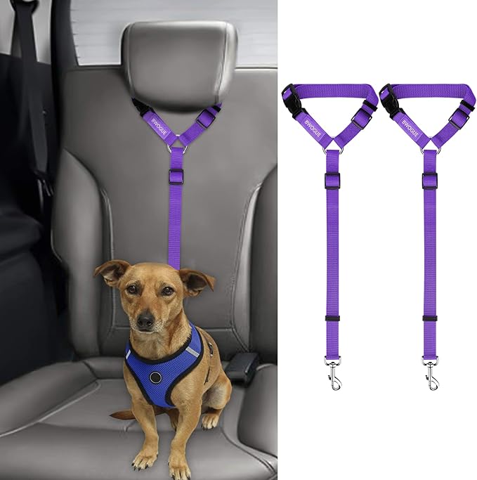 BWOGUE 2 Packs Dog Cat Safety Seat Belt Strap Car Headrest Restraint Adjustable Nylon Fabric Dog Restraints Vehicle Seatbelts Harness Purple