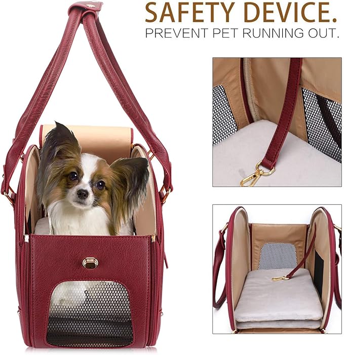 PetsHome Dog Carrier Purse, Pet Carrier, Cat Carrier, Foldable Waterproof Premium Leather Pet Travel Portable Bag Carrier for Cat and Small Dog Home& Outdoor Wine Red