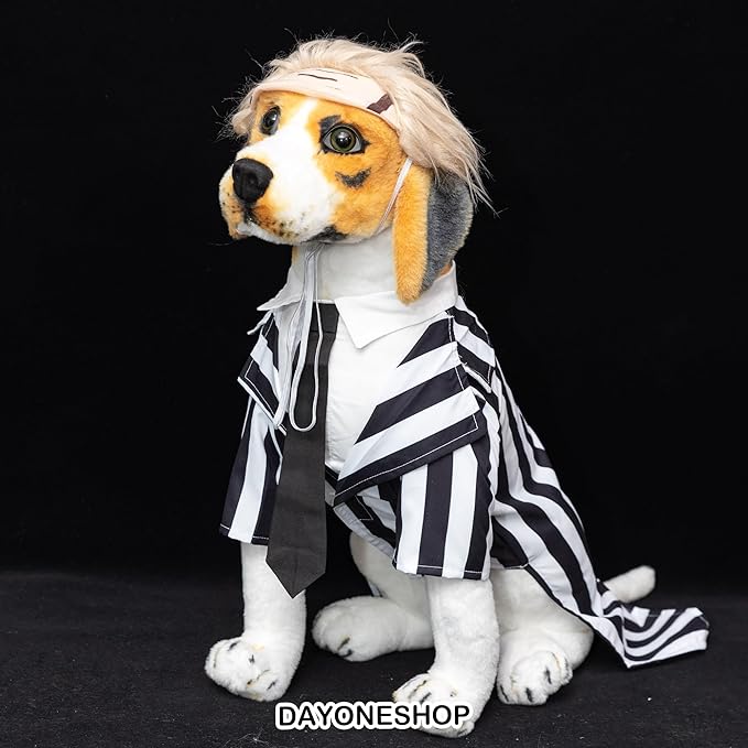 Black Striped Dog Suit wit Blonde Wig Scientist Dog Costume Pet Costume Cosplay Clothes Outfit Accessories Party Favors (Medium, Striped Clothes with Wig)