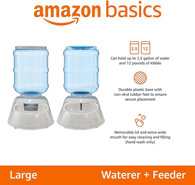 Amazon Basics Automatic Dog Cat Water Dispenser Gravity Feeder and Waterer Set, Large, 12-Pound Food Capacity, 2.5-Gallon, Gray